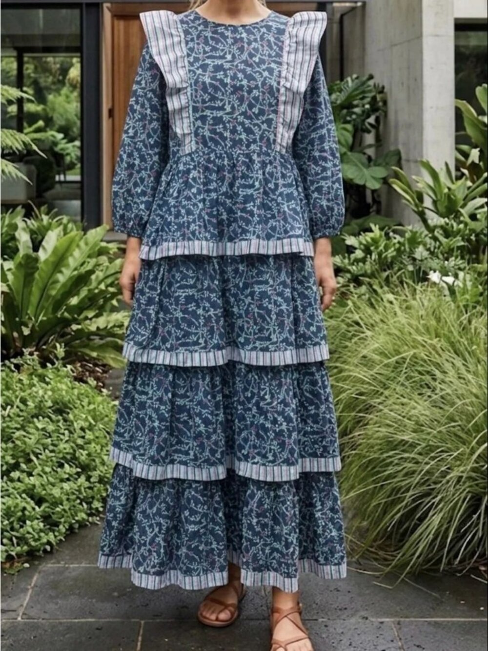 Simply Southern Navy Floral Tiered Maxi Dress with White Stripes